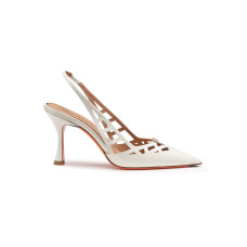 Damskie białe skórzane czółenka slingback na wysokim obcasie