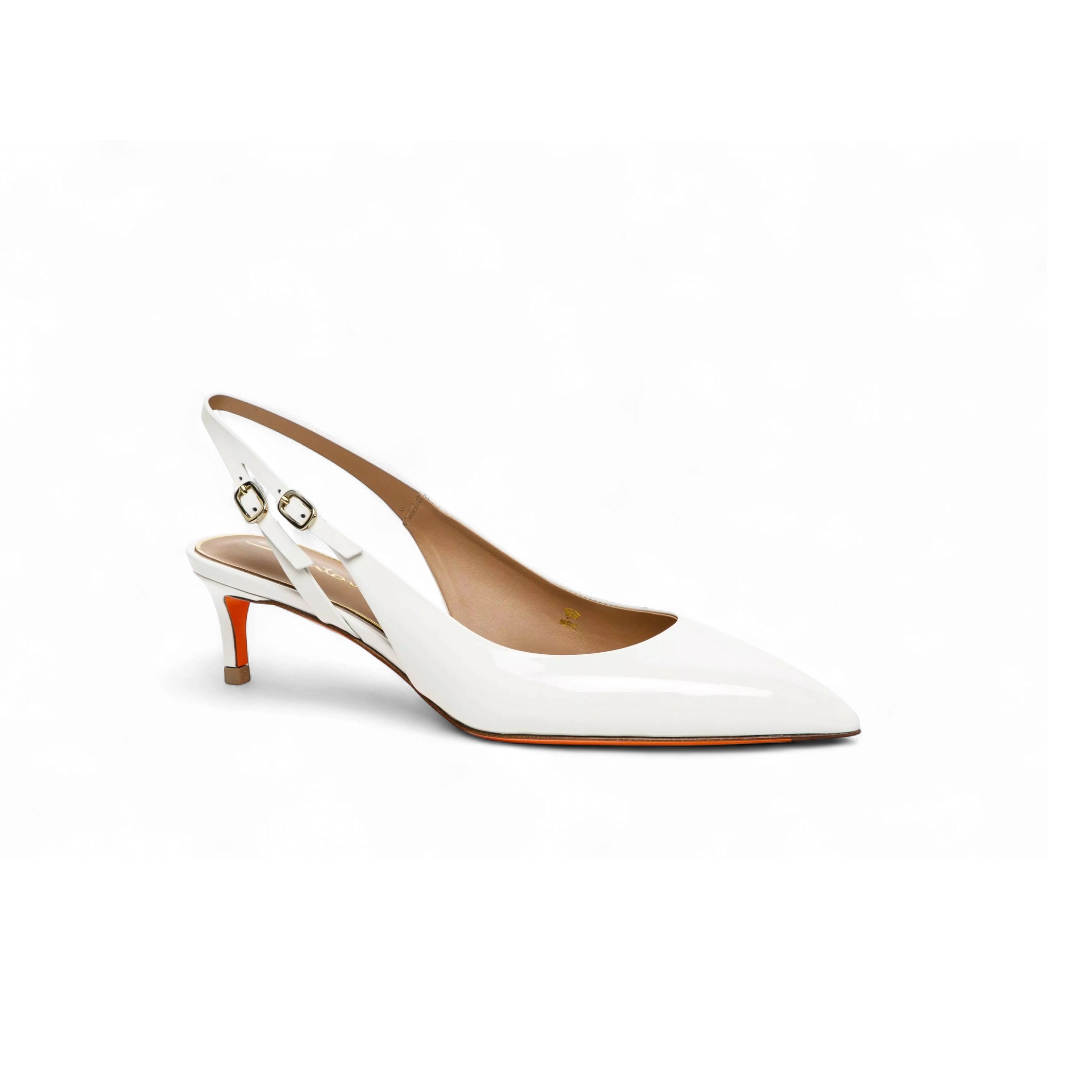 Damskie czółenka slingback na niskim obcasie z białej lakierowanej skóry foto 2