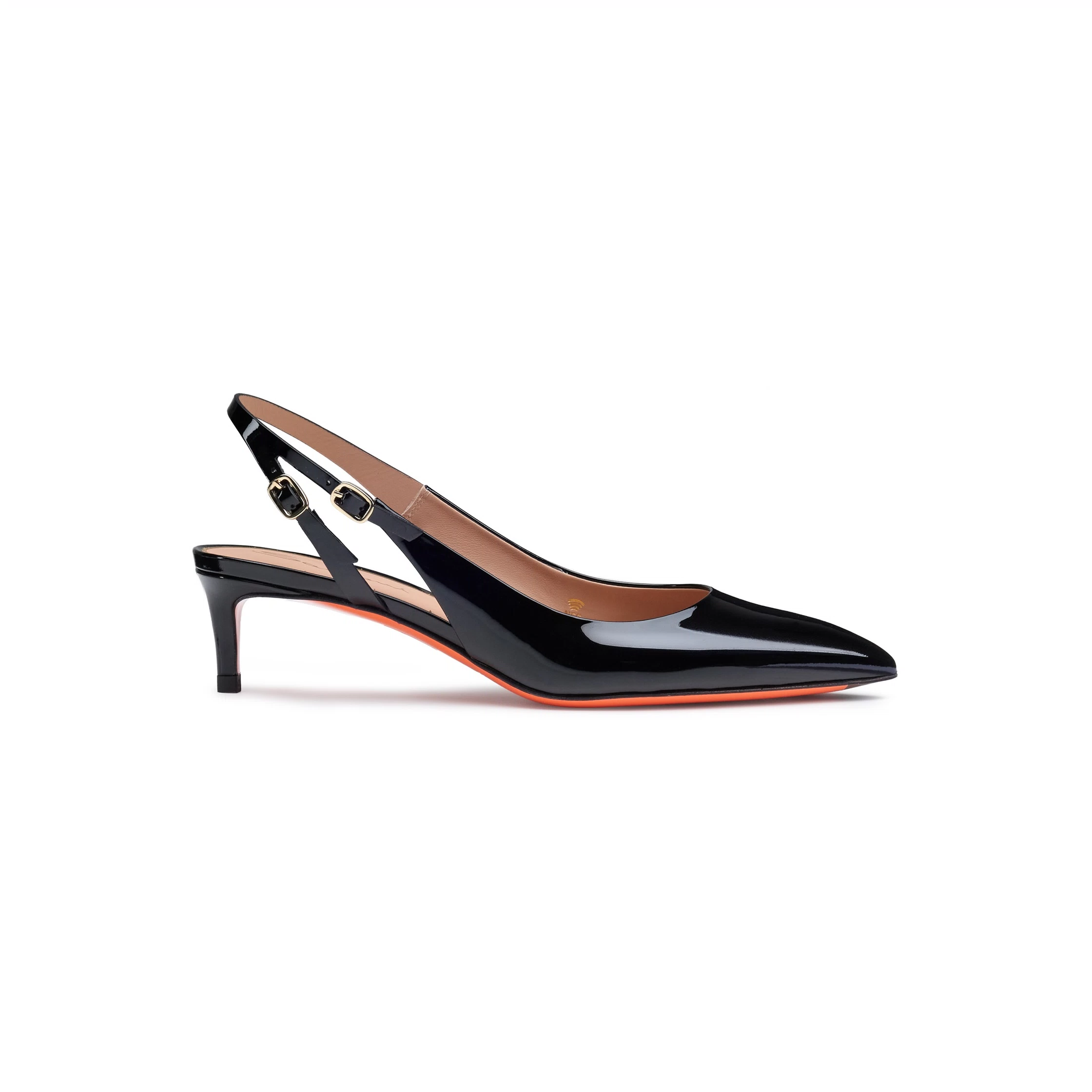 Damskie czółenka slingback na niskim obcasie z czarnej lakierowanej skóry