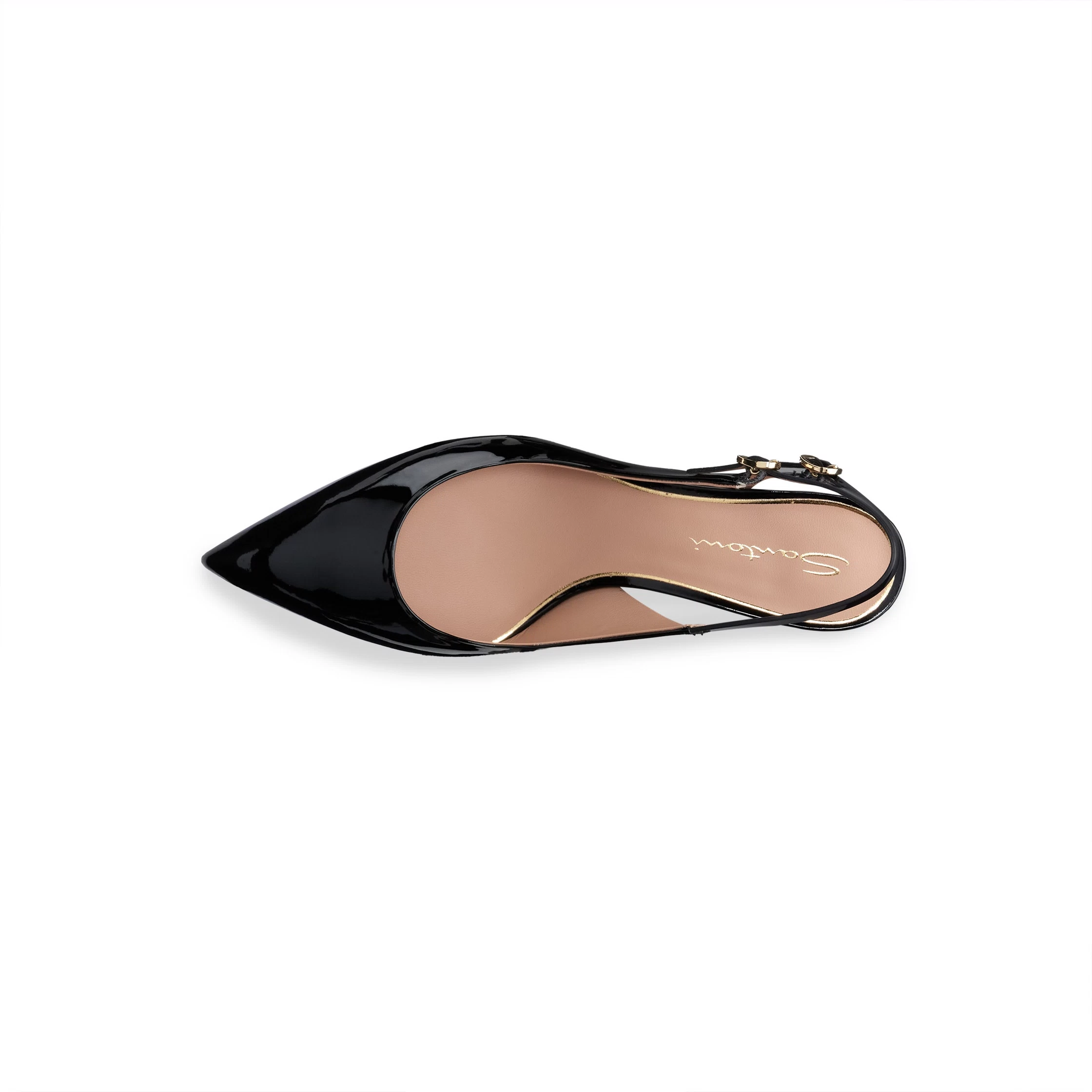 Damskie czółenka slingback na niskim obcasie z czarnej lakierowanej skóry foto 3
