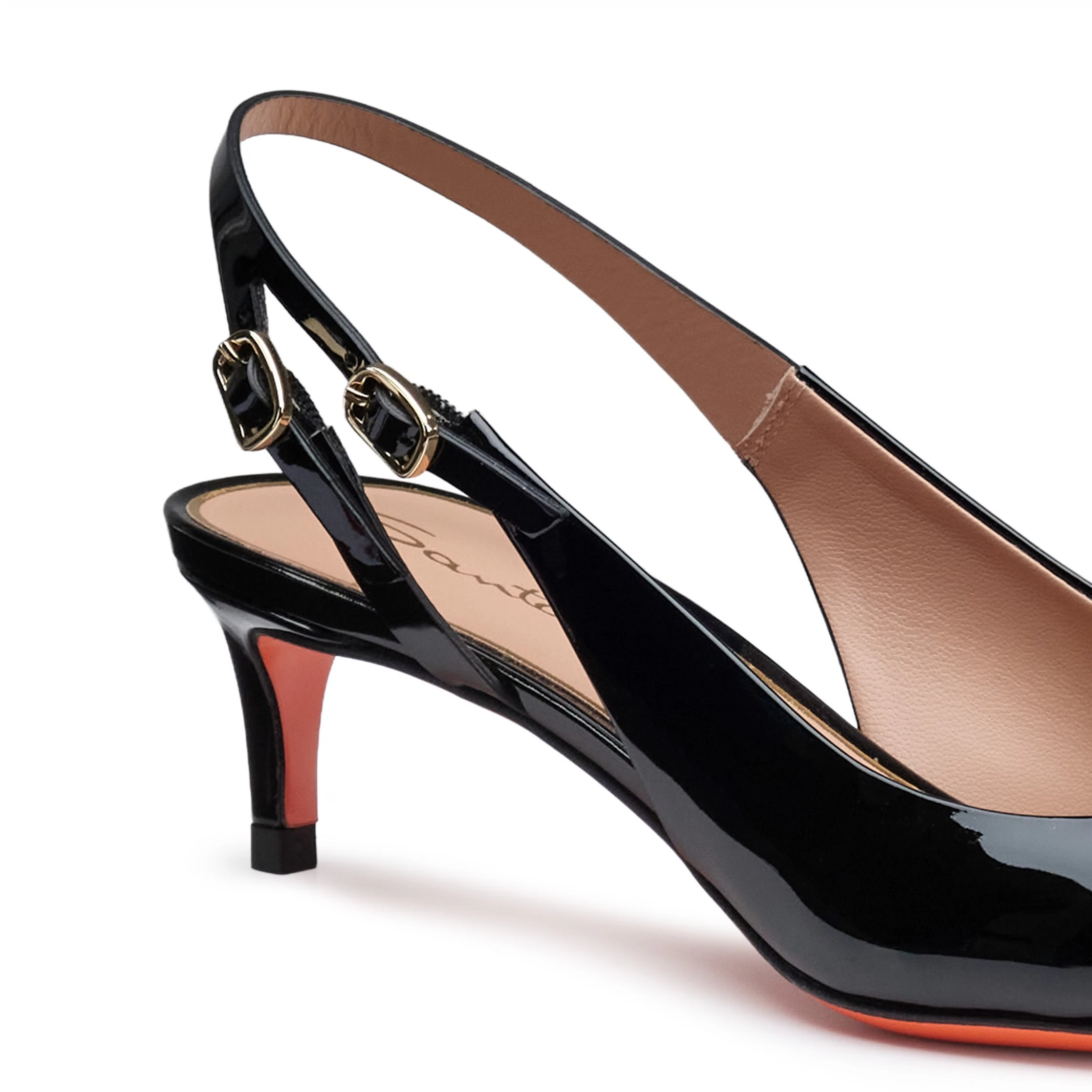 Damskie czółenka slingback na niskim obcasie z czarnej lakierowanej skóry foto 4