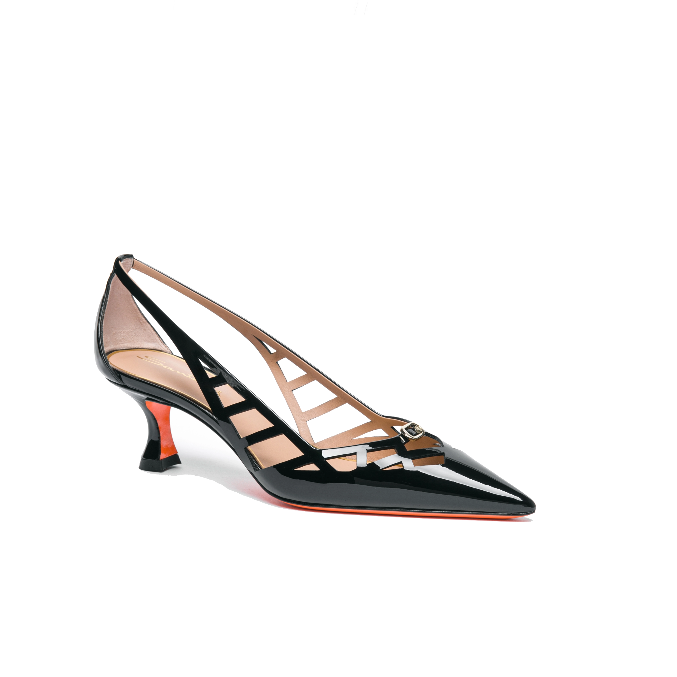 Damskie czarne lakierowane skórzane czółenka slingback na niskim obcasie foto 2