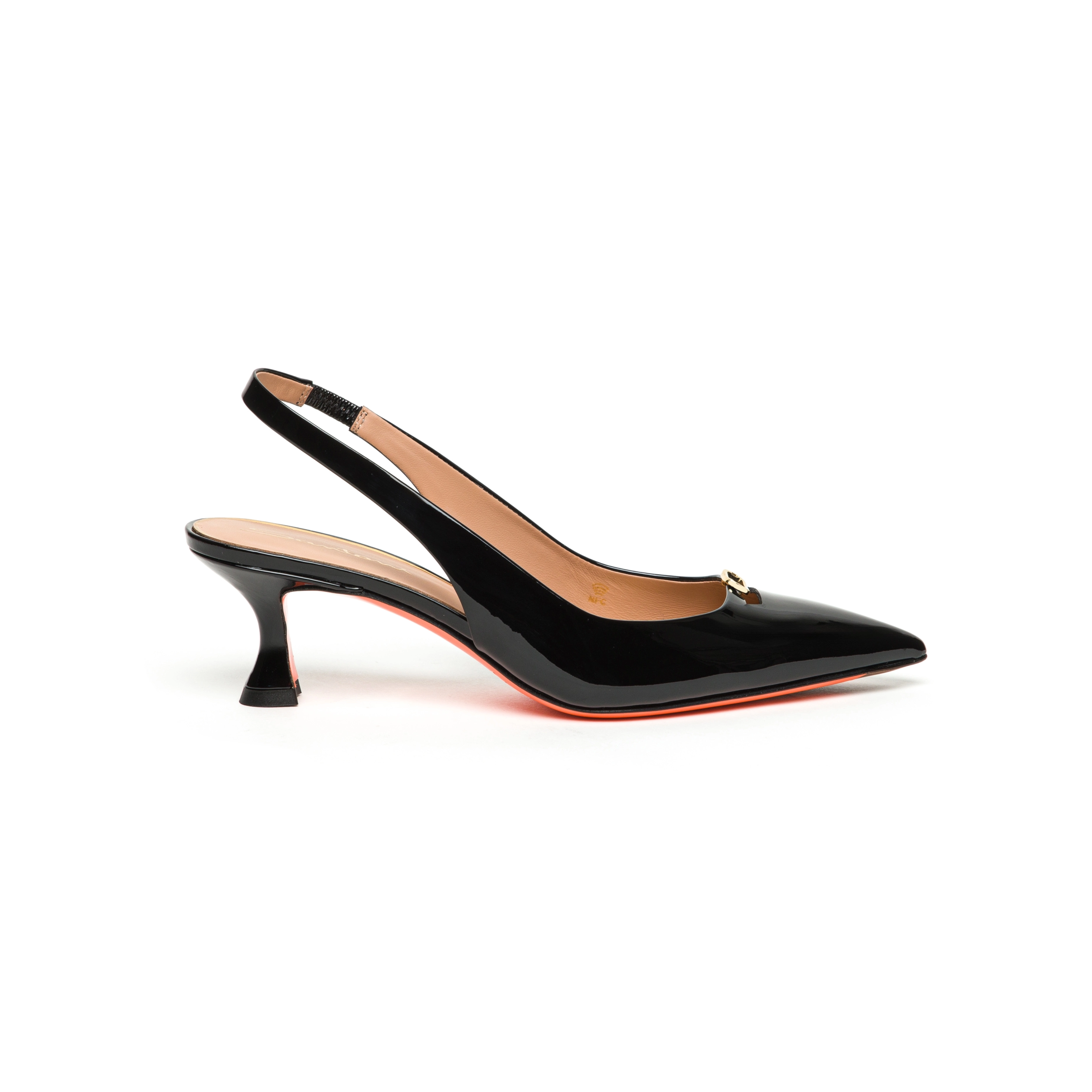 Damskie czółenka slingback na średnim obcasie z czarnej lakierowanej skóry