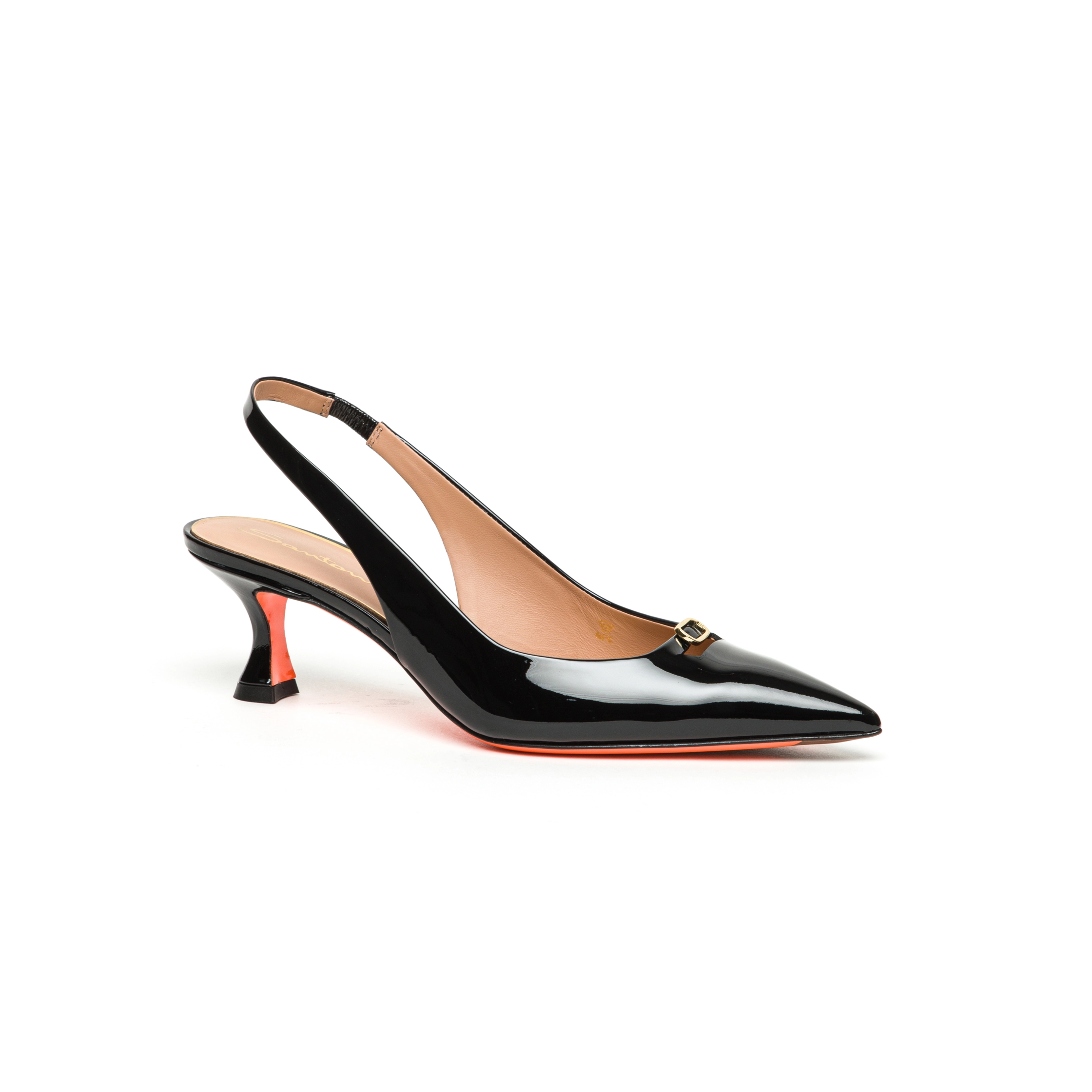 Damskie czółenka slingback na średnim obcasie z czarnej lakierowanej skóry foto 2