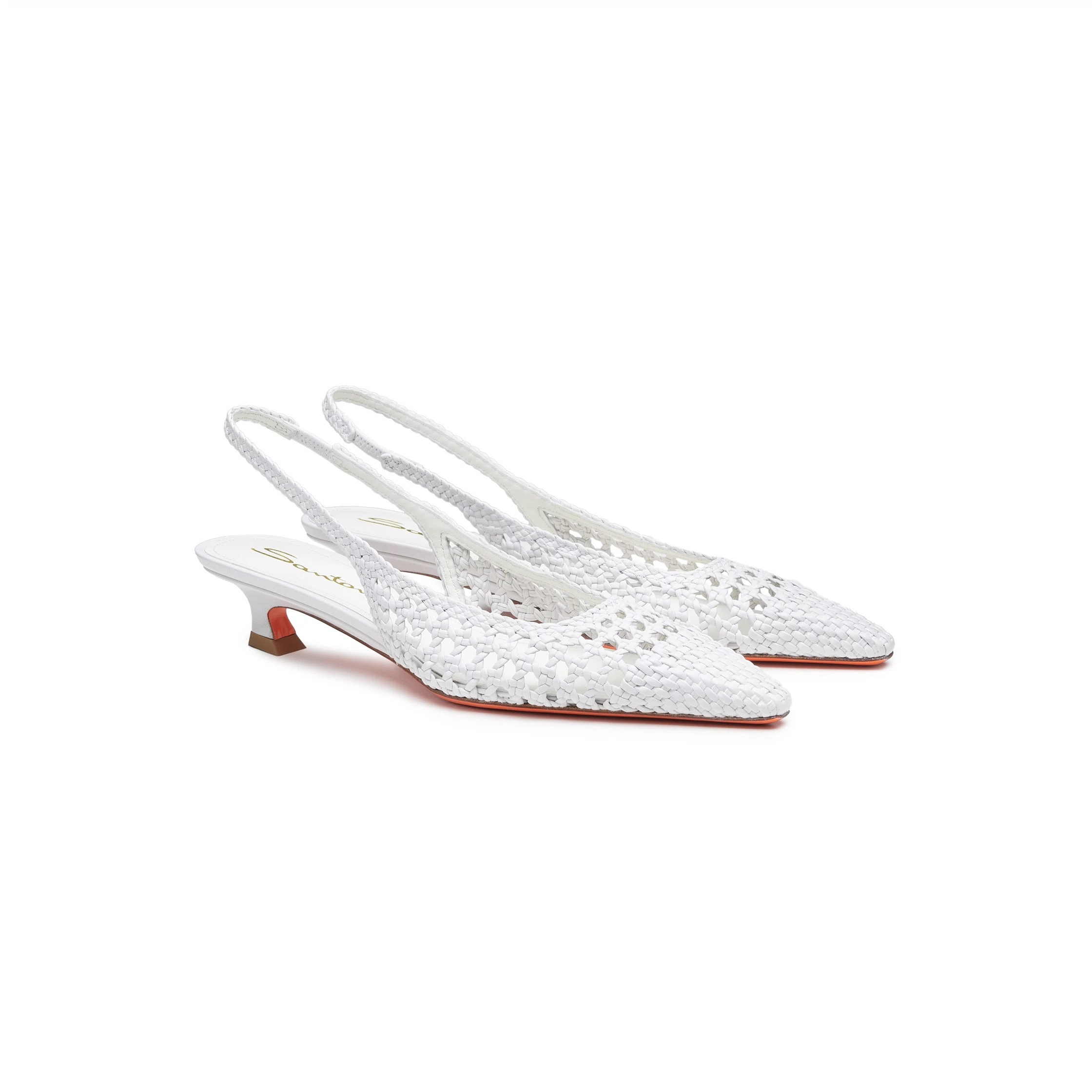 Damskie czółenka slingback na niskim obcasie z białej plecionej skóry foto 2