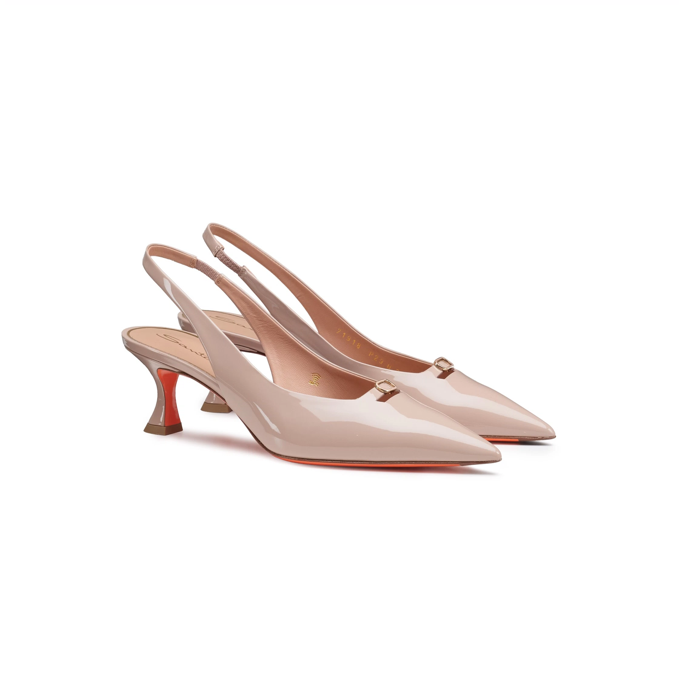 Damskie czółenka slingback na średnim obcasie z różowej lakierowanej skóry foto 2
