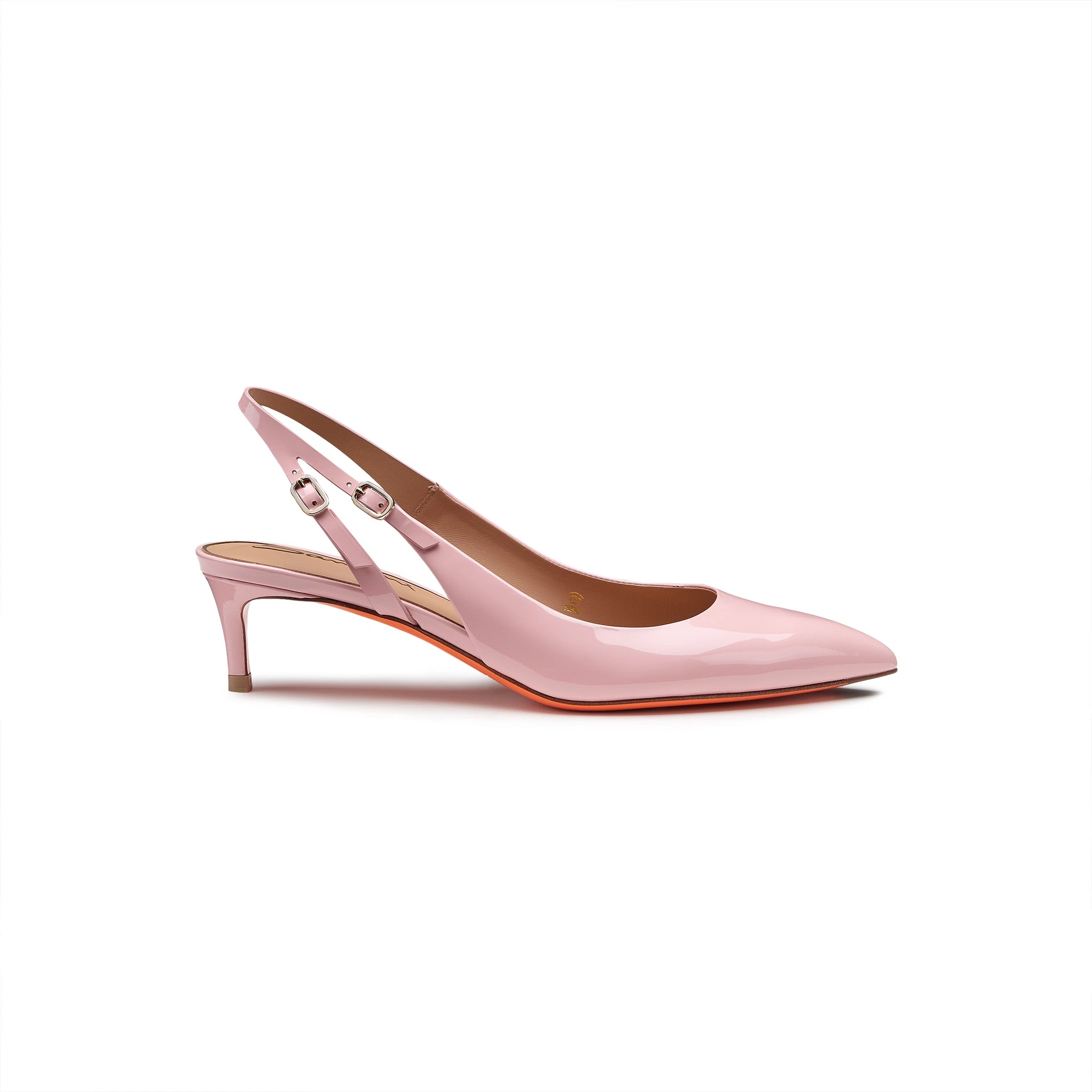 Damskie różowe lakierowane czółenka slingback na niskim obcasie