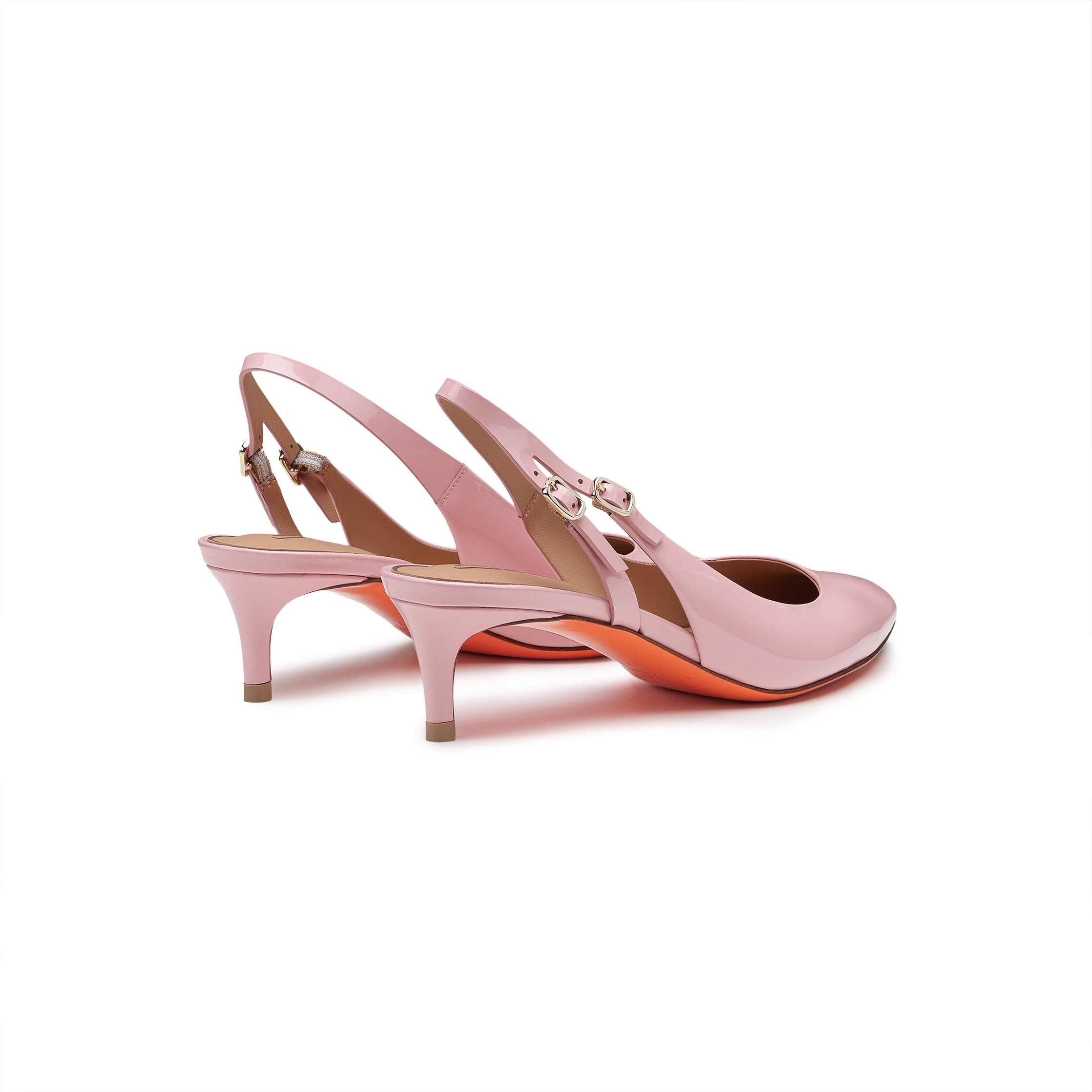 Damskie różowe lakierowane czółenka slingback na niskim obcasie foto 3