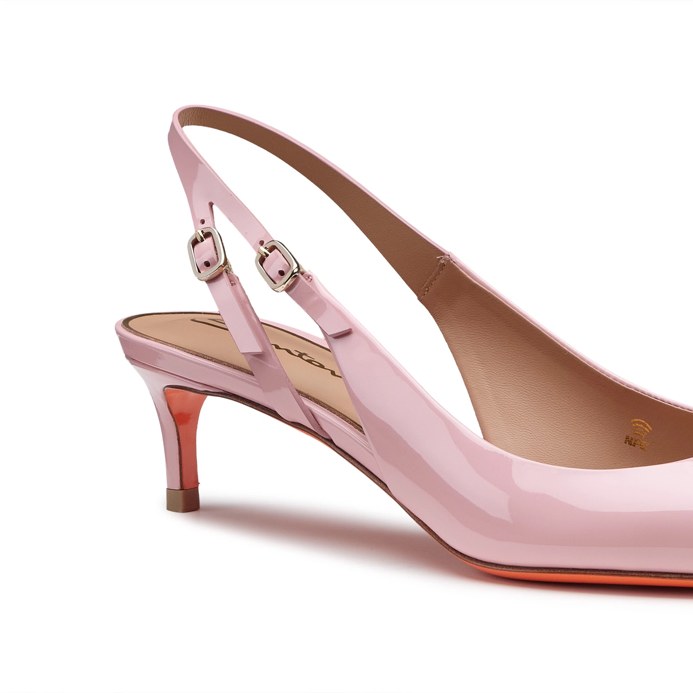 Damskie różowe lakierowane czółenka slingback na niskim obcasie foto 5