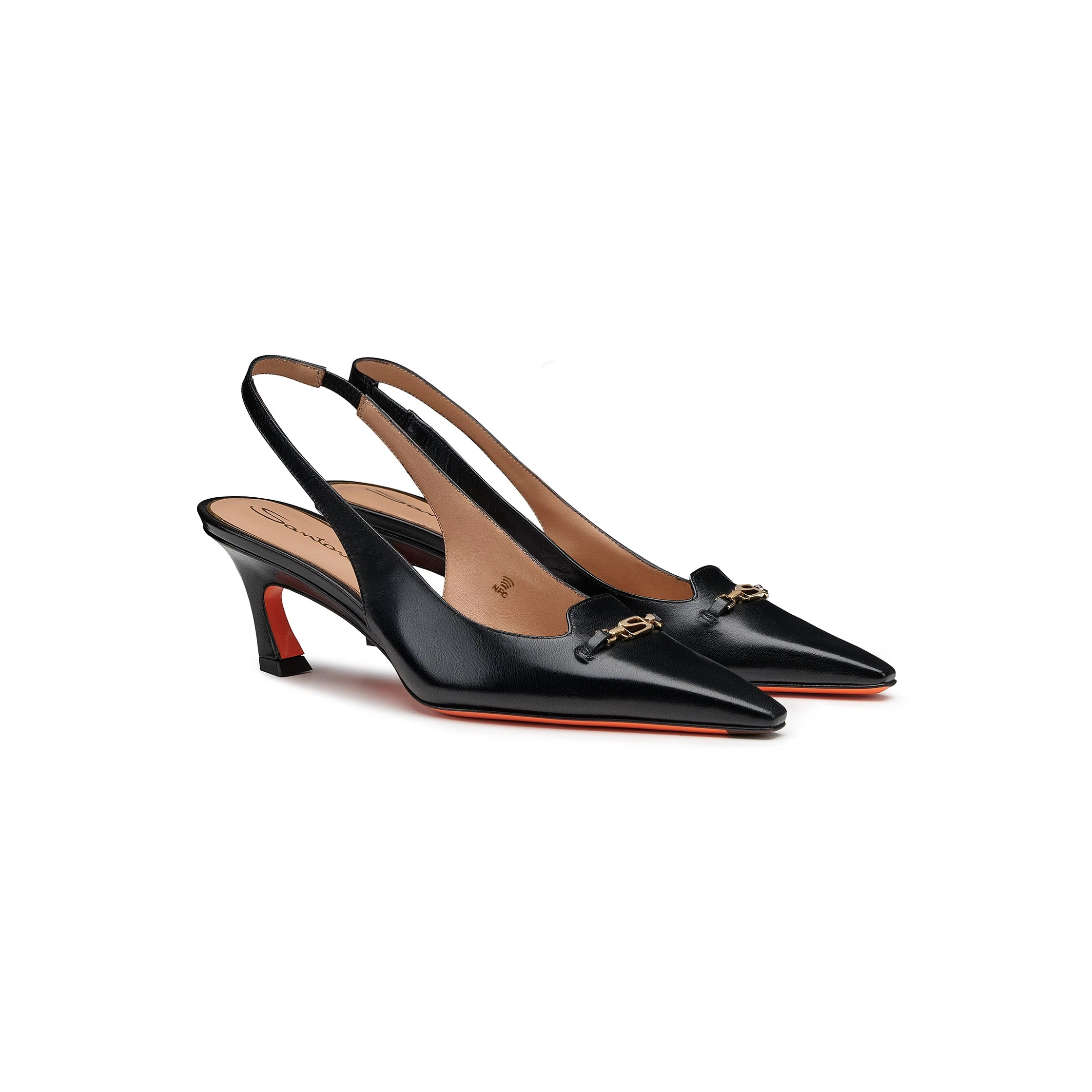 Damskie czarne skórzane czółenka slingback na niskim obcasie foto 2